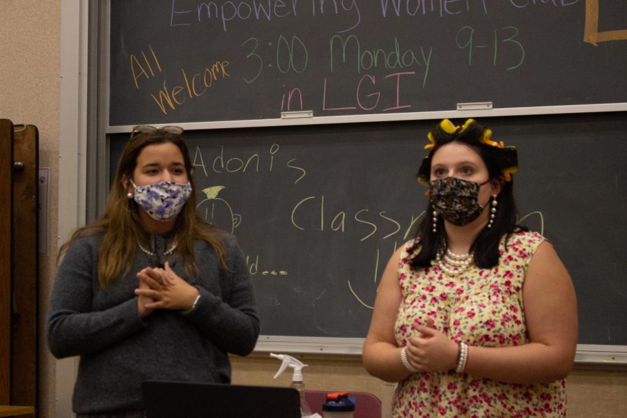 EMPOWERING OTHERS Dressed as senior citizens during Homecomings spirit week, seniors and club founders Riley Ramirez and Kate Krawczyk speak about the clubs purpose.