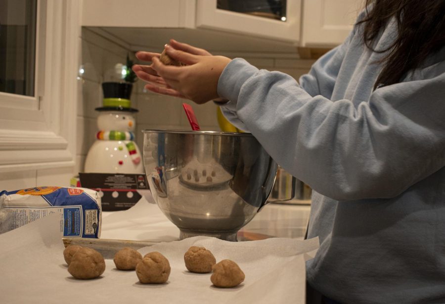 ON A ROLL Molding the  snickerdoodle dough into balls, Anna Evilsizor, junior, rolls them in cinnamon sugar before baking.