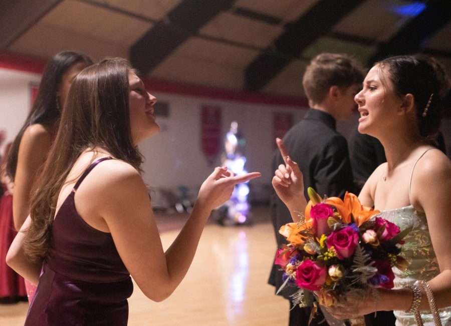 FEEL THE BEAT Talking over the thrum of the music, sophomores Lauren Hoogeven and Addison Dzurovcik joke around with each other.