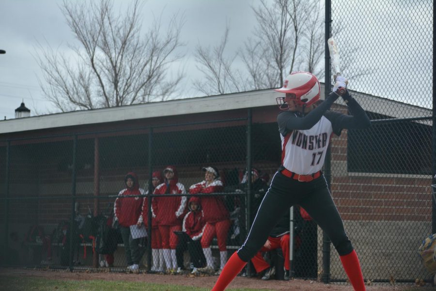 BATTER UP Standing at the home plate during Softball's April 7 game against ___, Paige Vukadinovich, senior, gets ready to swing.