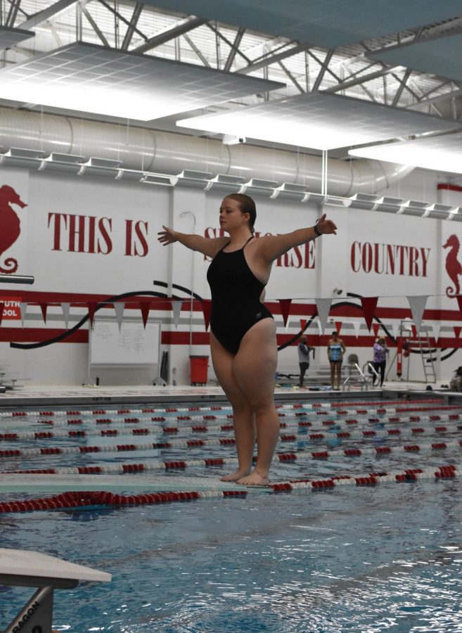BREATHE IN, BREATHE OUT Standing on the diving board, Riley Kazragys, junior, sets up for an inward dive.  
