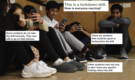 NO JOKING MATTER  During a Science Olympiad practice, juniors Emily Li and Lily Hestjean, sophomores Jude Jimenez, Suvali Giridaran and Animesh Kar and junior Aadit Raikar simulate what students have noticed can happen during a lockdown drill.