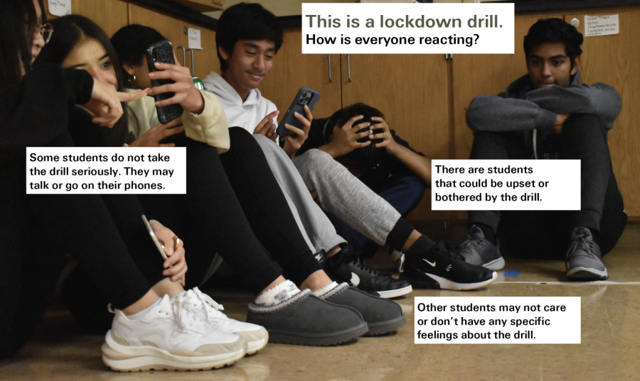 NO JOKING MATTER  During a Science Olympiad practice, juniors Emily Li and Lily Hestjean, sophomores Jude Jimenez, Suvali Giridaran and Animesh Kar and junior Aadit Raikar simulate what students have noticed can happen during a lockdown drill.