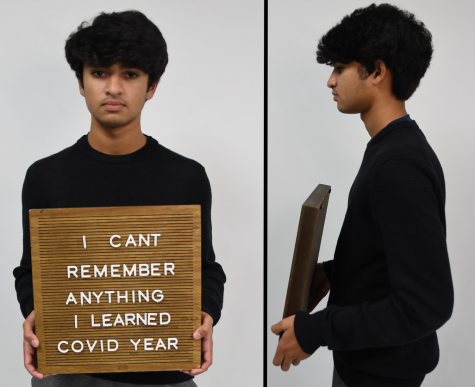 PANDEMIC PRISON Lining up to take their ‘mug shot’, juniors Shail Patel, Keira Trimolt and senior Ayush Arora express how Covid affected students academically and how motivation and mentality have been scarce amongst students since the pandemic. Statistics shown above are sourced from a student survey. 