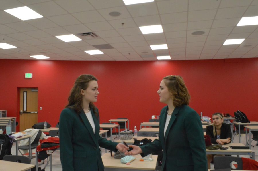 SPEAKING THEIR TRUTH In the LGI, Annabelle Spicer, junior, and Alicia Powell, senior, take a pause and practice their speeches before their next event.