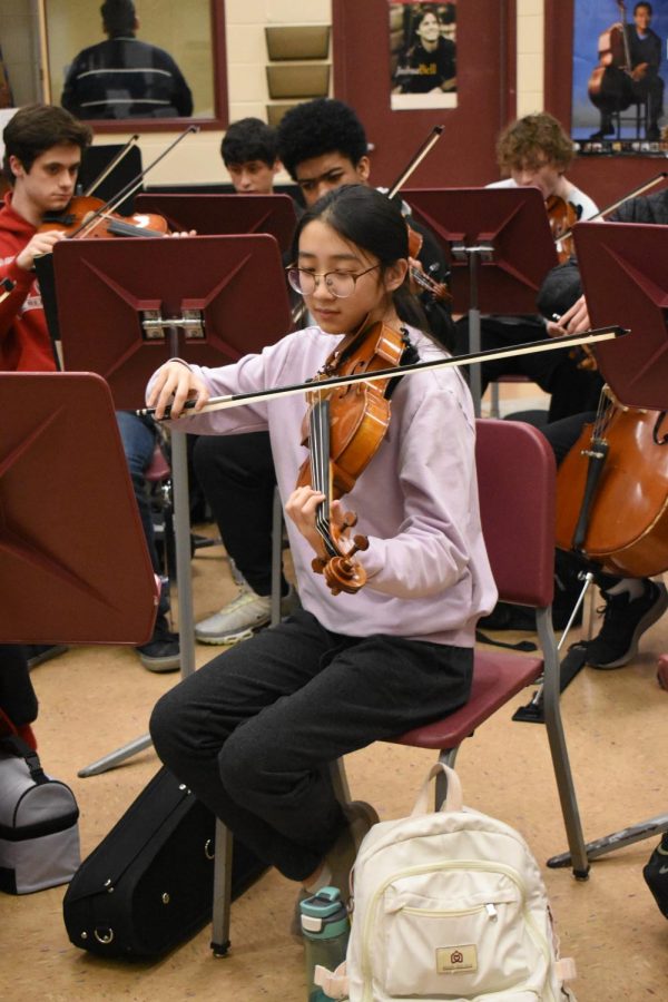 BEAUTIFUL BOWING While in orchestra, Amy Mao, sophomore, focuses closely on playing the viola. 