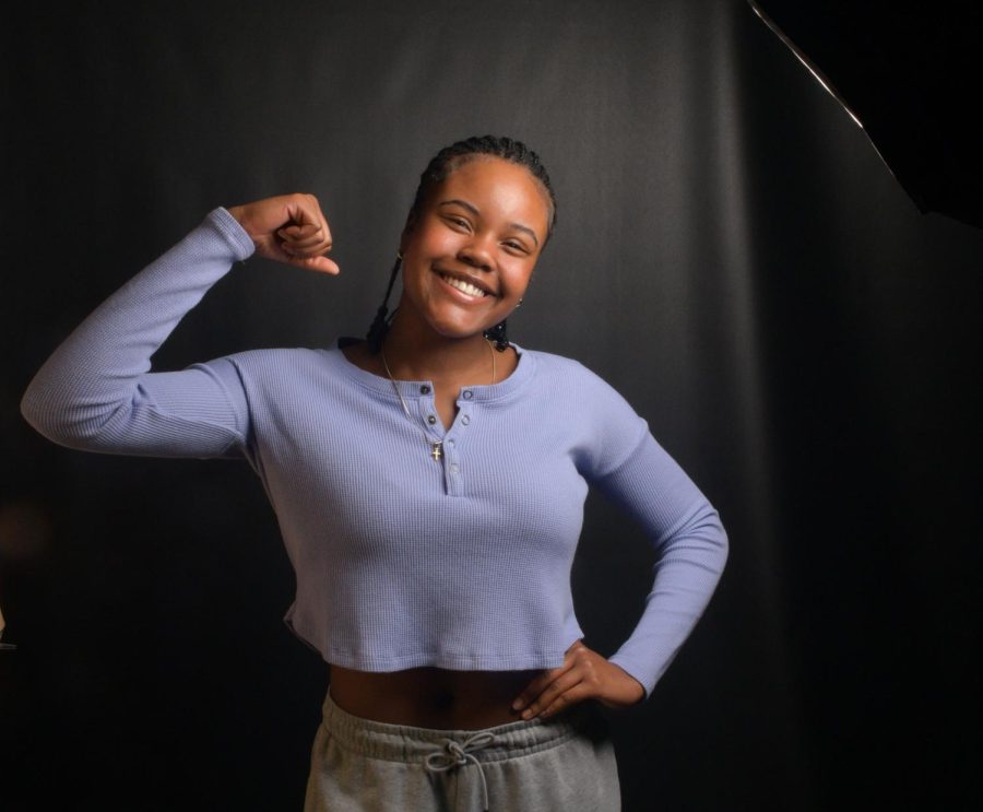 MUSCLE UP  Posing proudly, Arroya Mongerie, freshman, Evi Allerding, senior, and Savannah Nuetzel, sophomore, represent strong and talented student- athletes. ”Everytime someone said I couldn’t, it made me want to go harder,”Alldering said. 