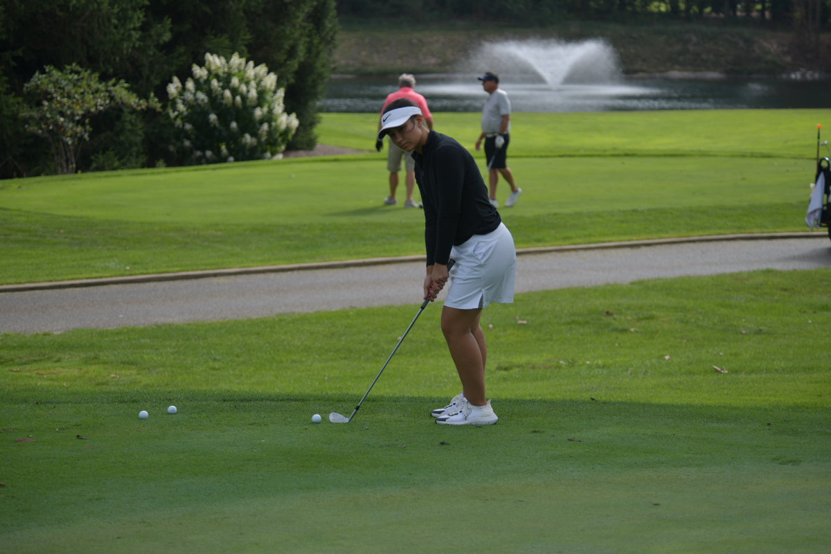 TEE UP Warming up for the Aug. 27 match against Kankakee Valley, Natalia Jeknic, senior, prepares for a chip shot. 