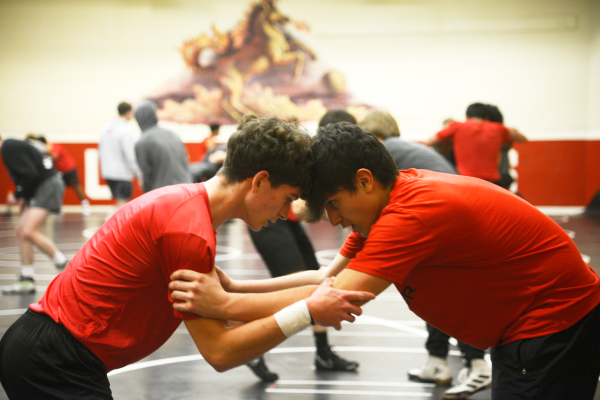 STAND FIRM Practicing after school, junior Carlos Wilson and sophomore Jeremy Kaim work on wrestling movements together. After stretching, the players warm up in pairs to get ready for their practice matches. “It’s both our first year in wrestling, so we’re trying to take it hard,” Wilson said. “Like, whenever I go with my partners I try to really drill as hard as I can, getting the technique down. It’s been really fun to progress and learn more moves, and eventually when I started winning matches is when it feels really good to just see that progress.” 