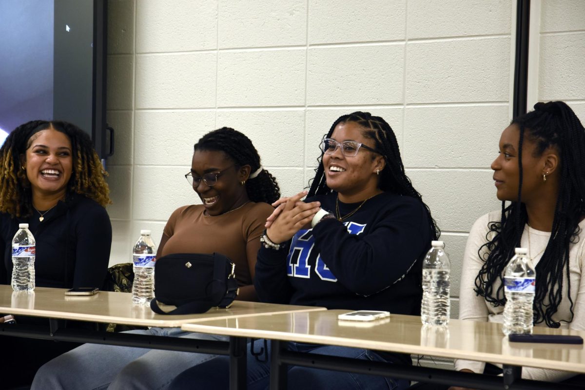 RETURN OF THE FOUNDERS Re-visiting BCC, Aleena Mongerie, Uyai Edet, Jaelyn Williams and Taylor Graham, all class of ‘21, talk about the club’s legacy during the Dec. 20 meeting. 