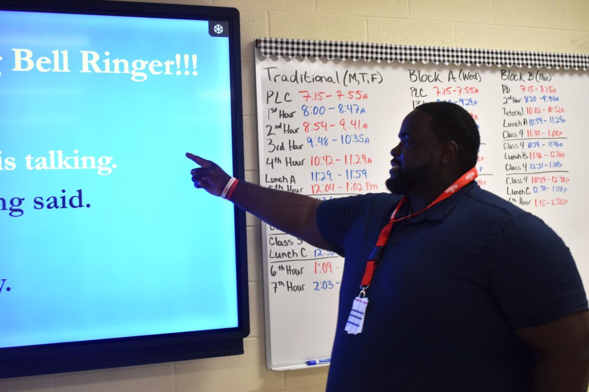 ON POINT Posing, Mr. Rashad Daviston, special education and mild intervention teacher, discusses the daily bell ringer for his class.