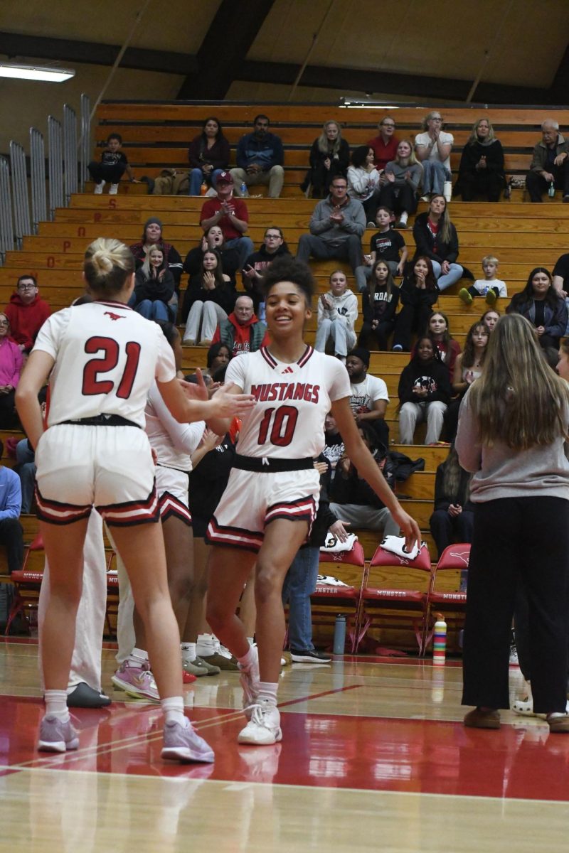 PUT ‘ER THERE Hyping each other up before the game Nov. 15, seniors Nina Garner and Kinga Grabowski go through a handshake. Garner was named Player of the Game against Chesterton, losing 57-32.