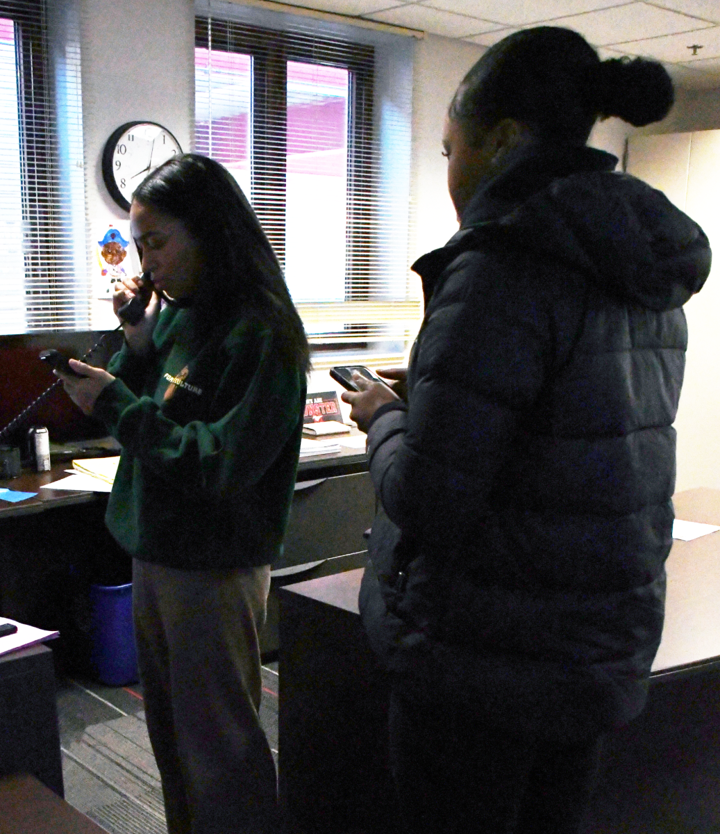 GOOD MORNING MUSTANGS Doing the morning announcements, senior Ava Adam and junior Arroya Mongerie talk about important Black people in history. The BCC has been trying to spread more awareness and get the word out about Black culture, which is why they do announcements every week on Mondays and Fridays during February. “I’m most proud of the way I can get the culture out more, allowing people to be more aware of Black culture and how important it is because it’s a big part of American history,” Mongerie said.